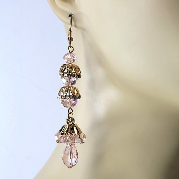 Pink Crystal Tiered Chandelier Earrings - Picture 2 of 9